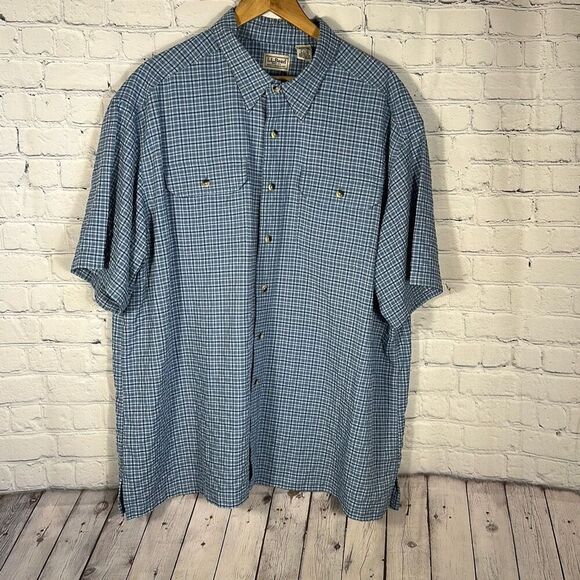 LL Bean 0 VV90 Blue Plaid  Men's XXL Reg Short Sleeve Camp Shirt - Picture 1 of 7